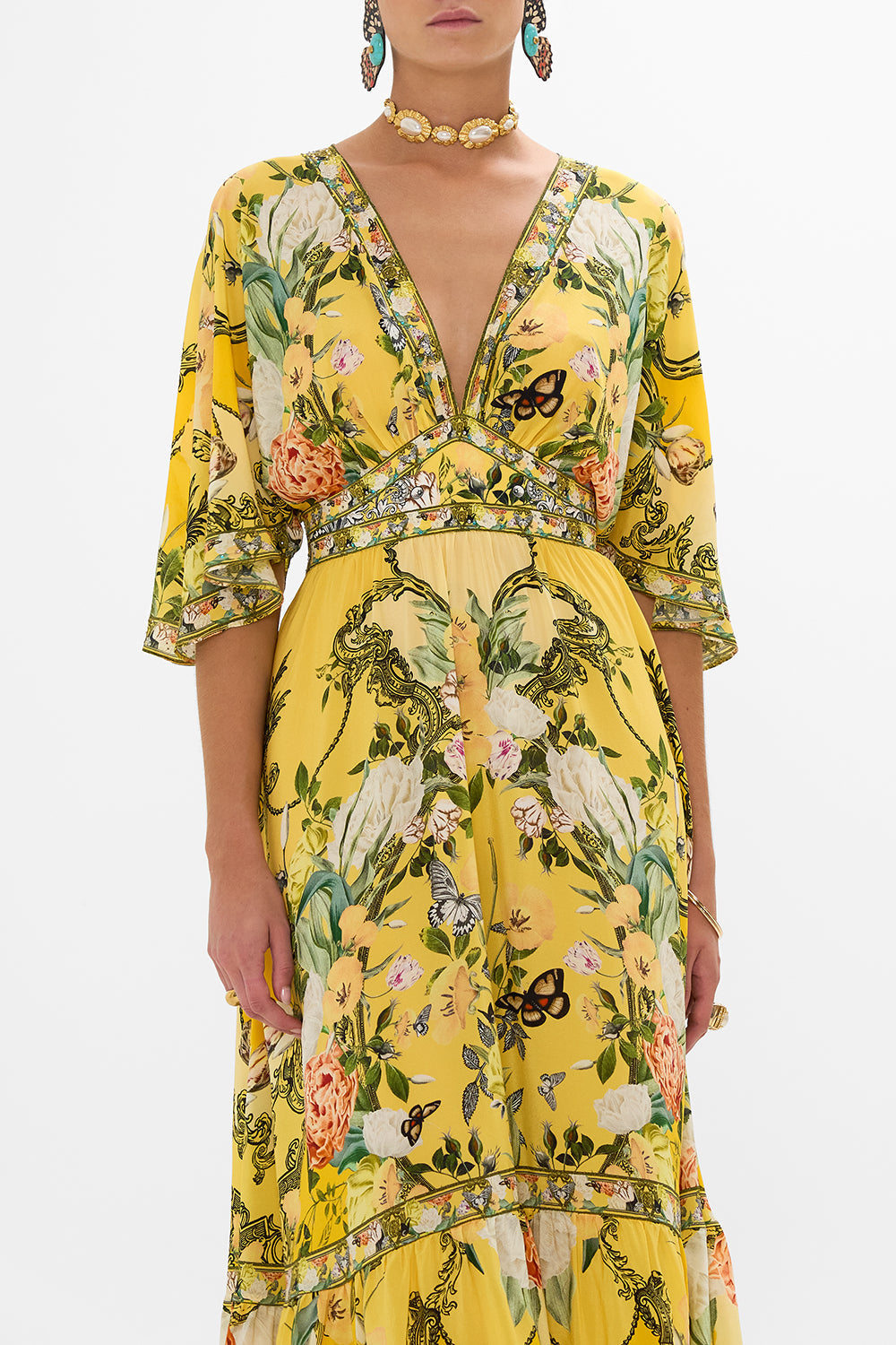 CAMILLA yellow waisted dress with hem ruffle in Paths Of Gold print.