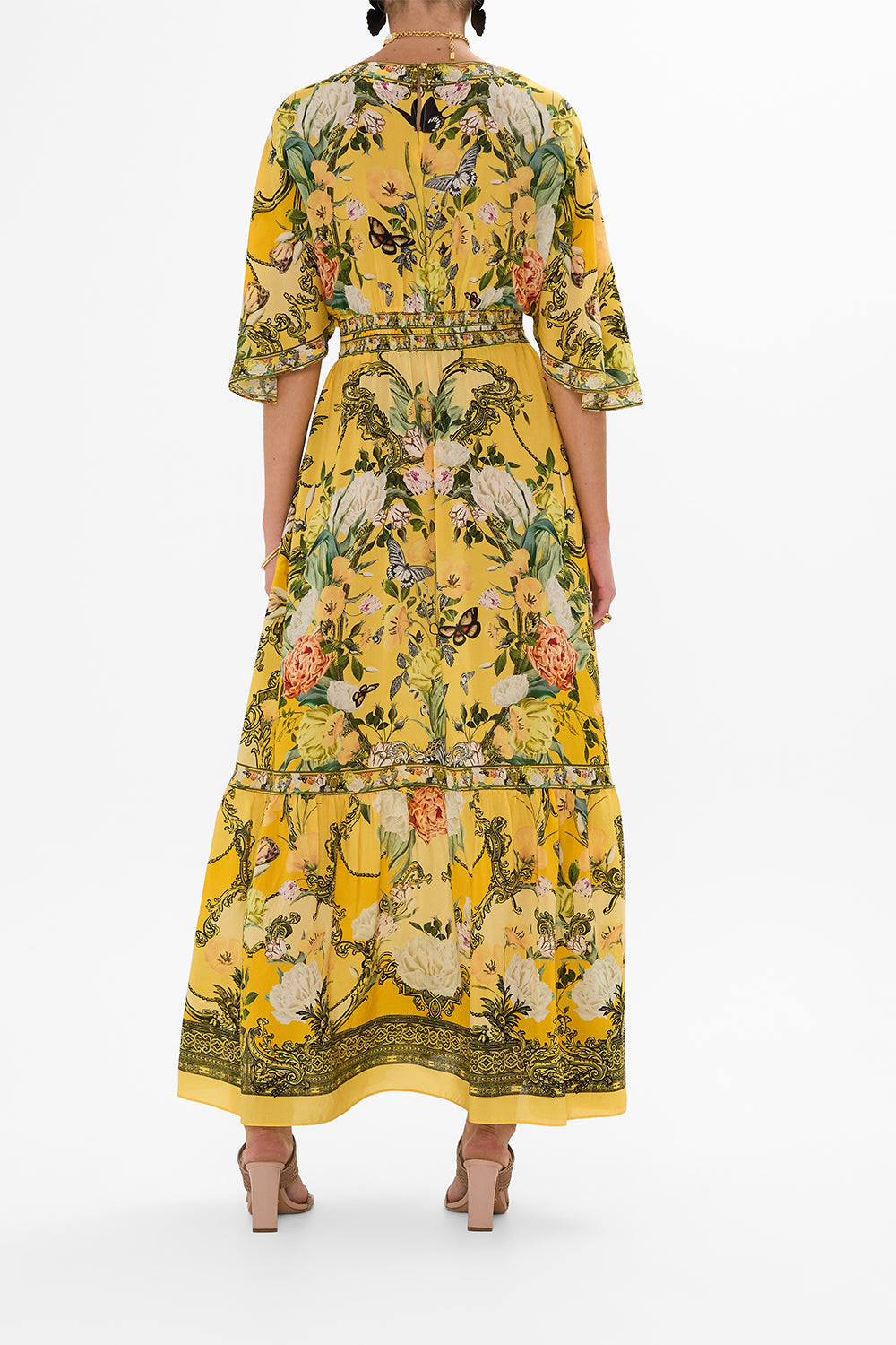 CAMILLA yellow waisted dress with hem ruffle in Paths Of Gold print.