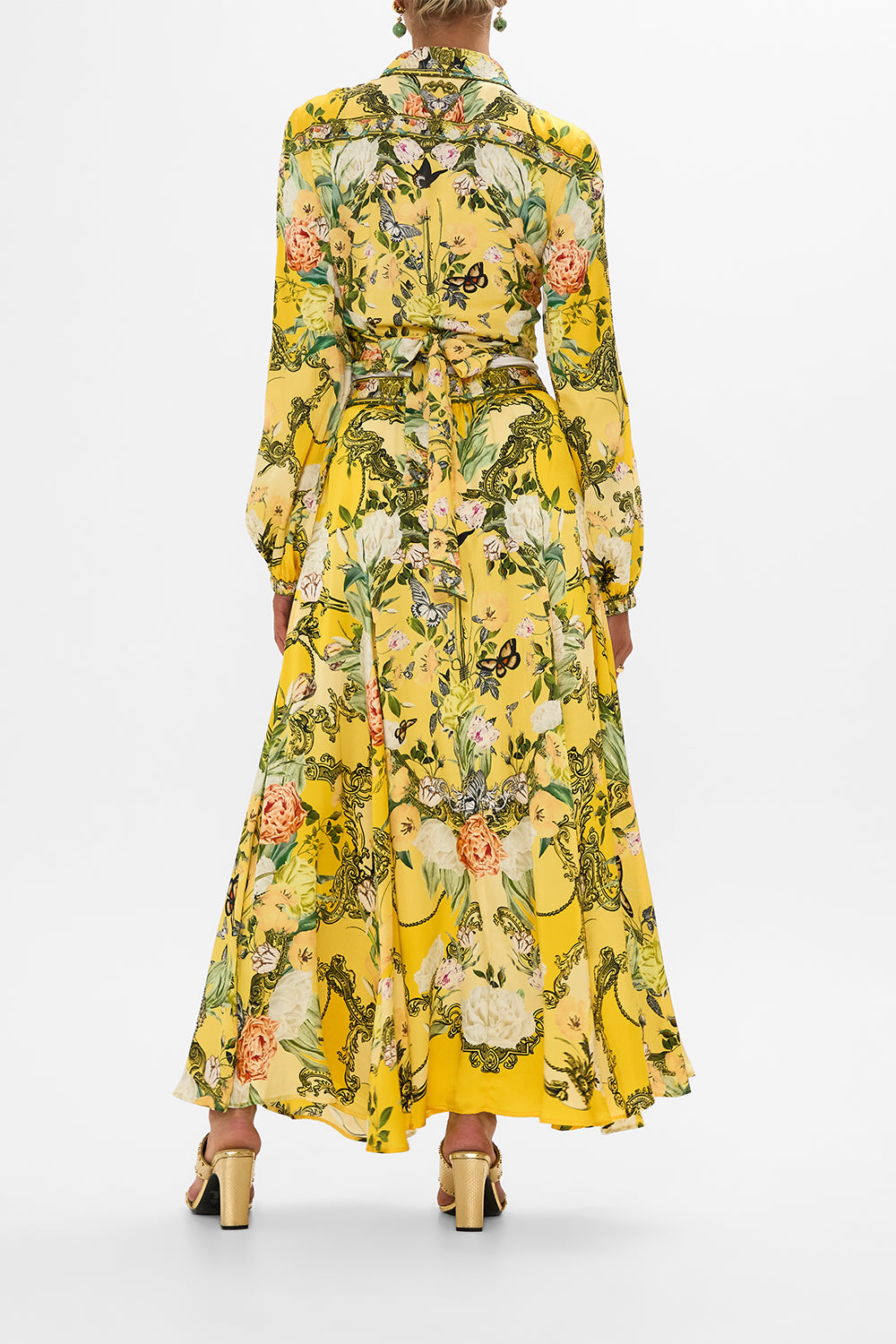 CAMILLA yellow floral panel flared maxi skirt in Paths Of Gold print