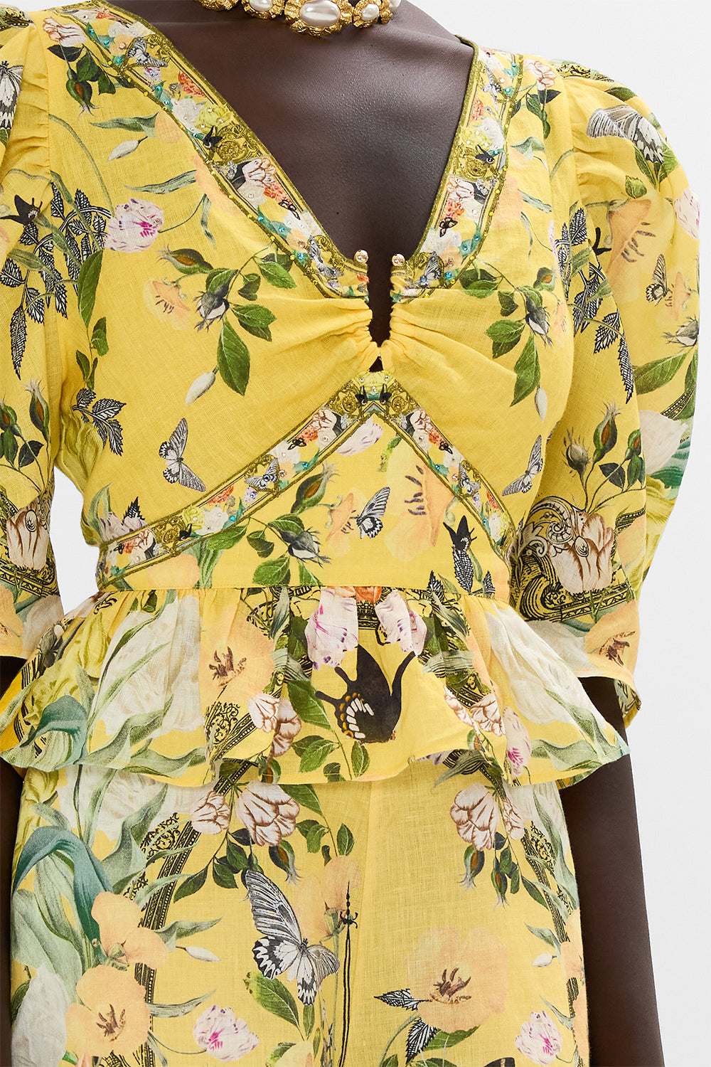 CAMILLA gold puff sleeve top with hardware in Paths Of Gold print.