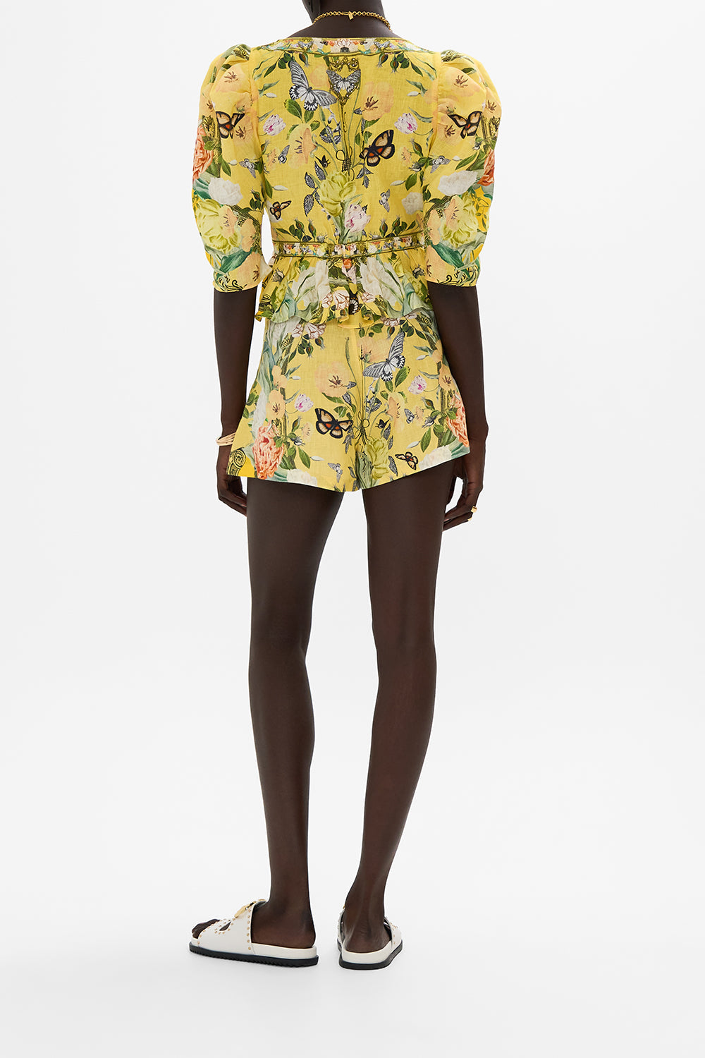 CAMILLA gold puff sleeve top with hardware in Paths Of Gold print.