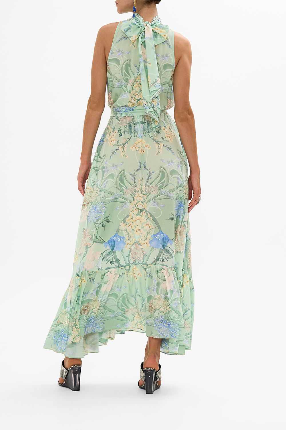 CAMILLA green necktie dress with elasticated waist in Dreaming In Dutch print.