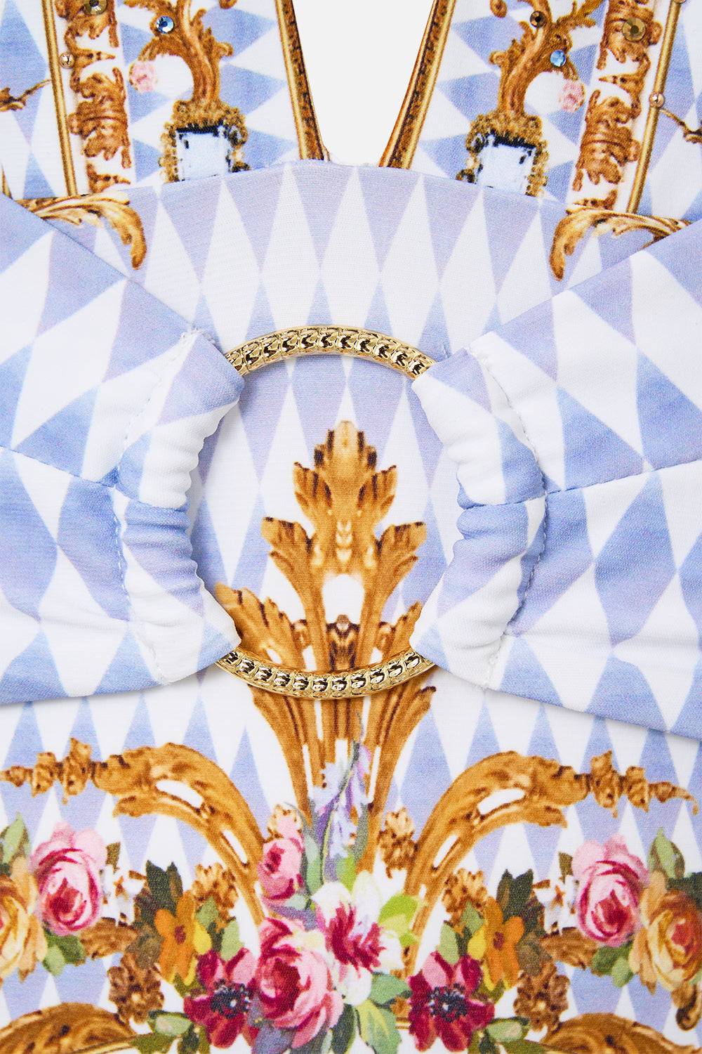 PLUNGE FRONT HALTER ONE PIECE WITH TRIM THRONE GAMES