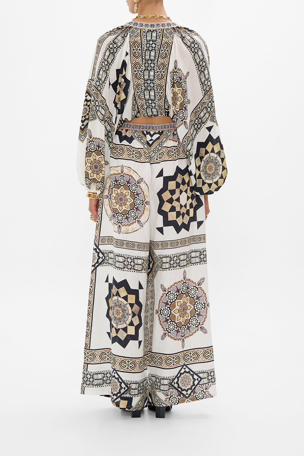 CAMILLA Lace-Up Front Blouson Sleeve Blouse in Tile Style Print