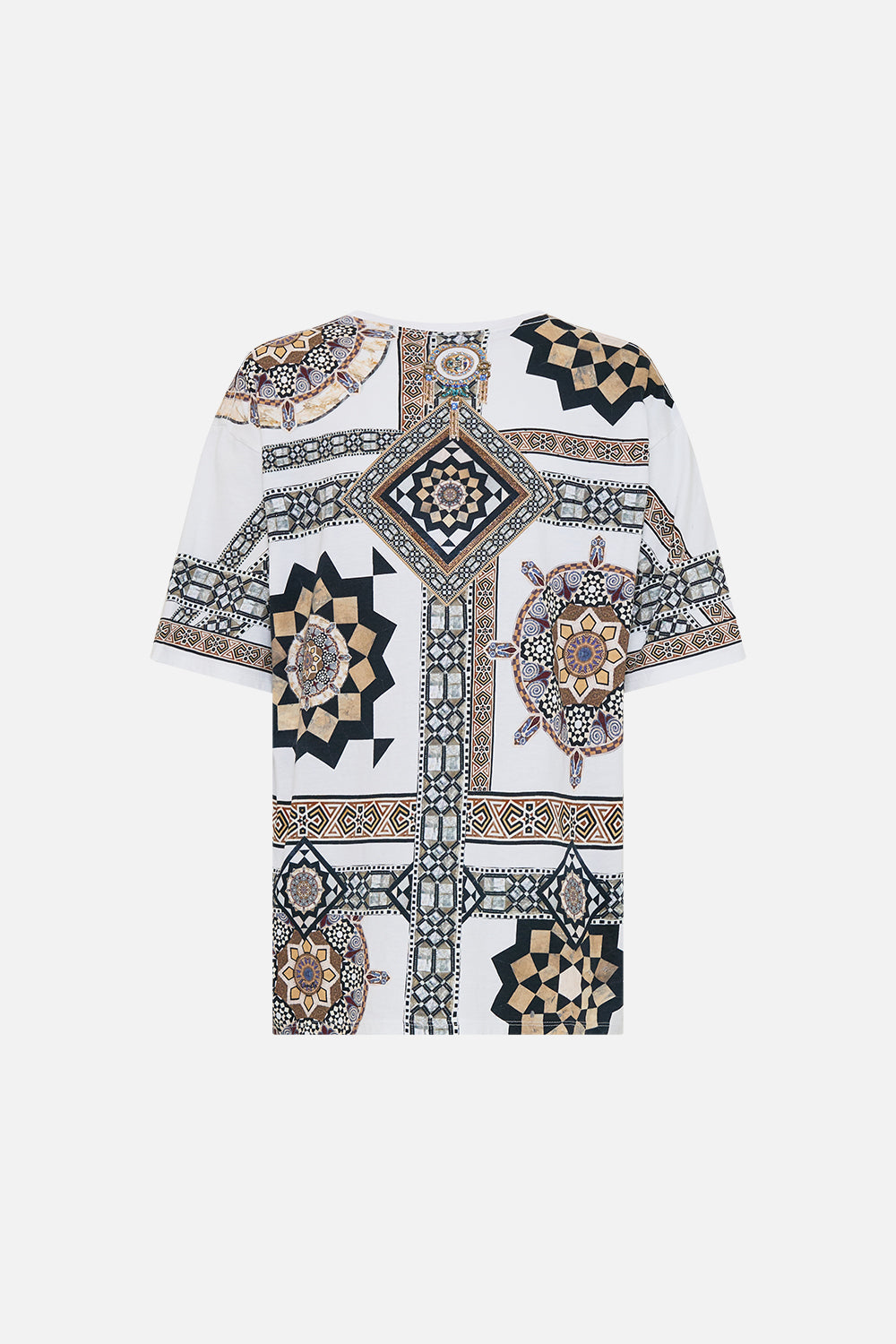 CAMILLA Oversized Band Tee in Whitemulti Tile Style Print.