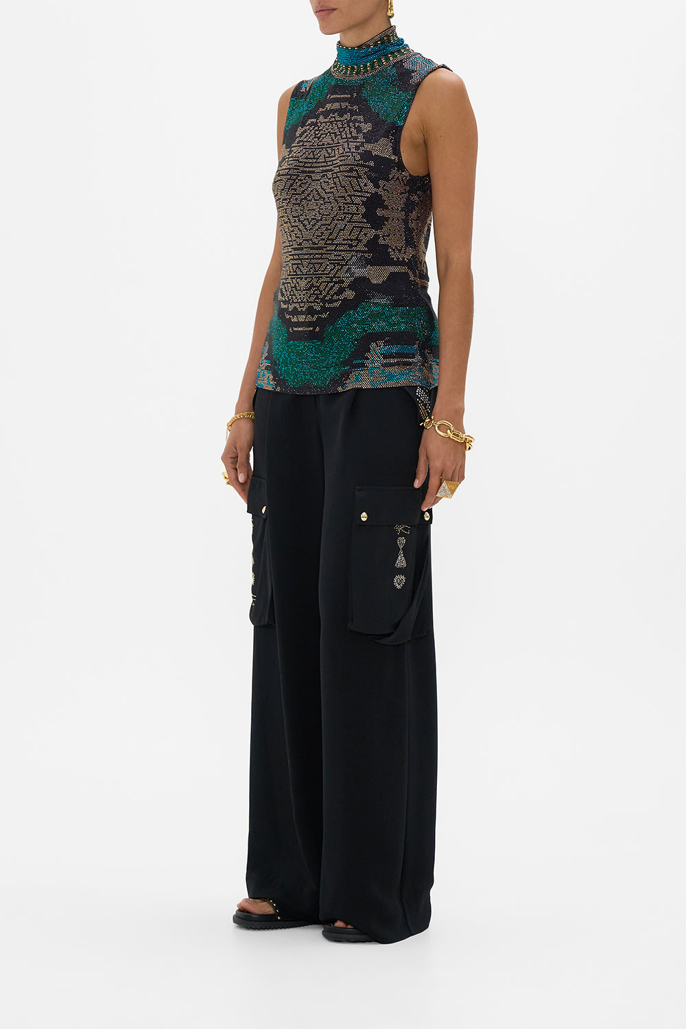 CAMILLA Sleeveless Jersey Turtleneck with Buttons in Other Side of the Oasis print.