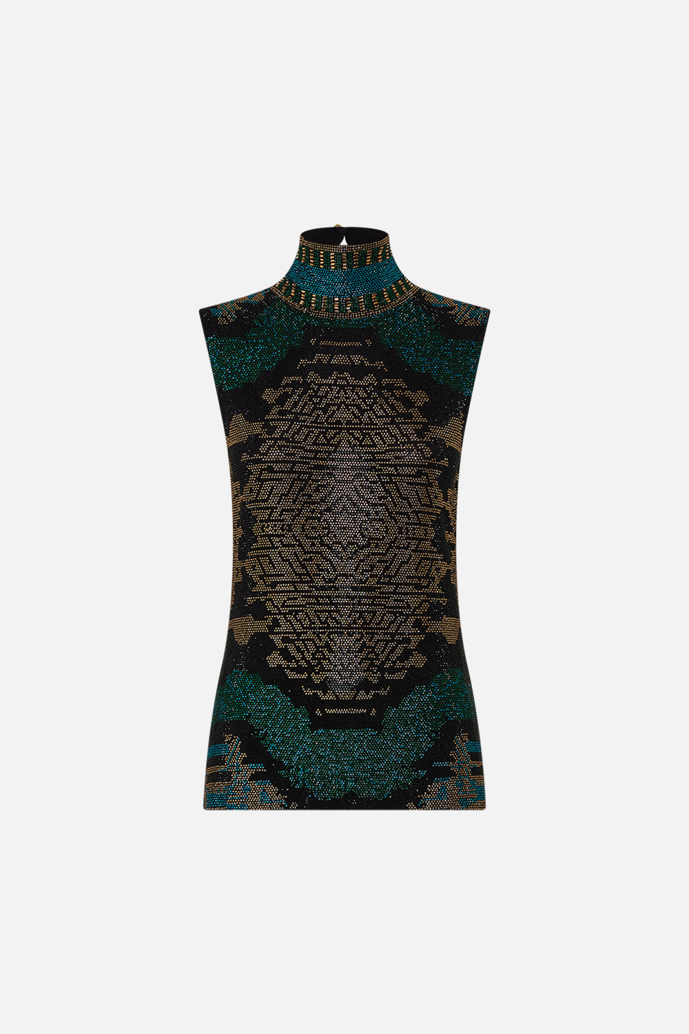 CAMILLA Sleeveless Jersey Turtleneck with Buttons in Other Side of the Oasis print.