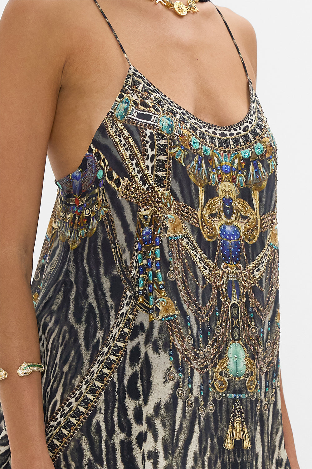 CAMILLA T Back Shoestring Top in Cat Worship print.