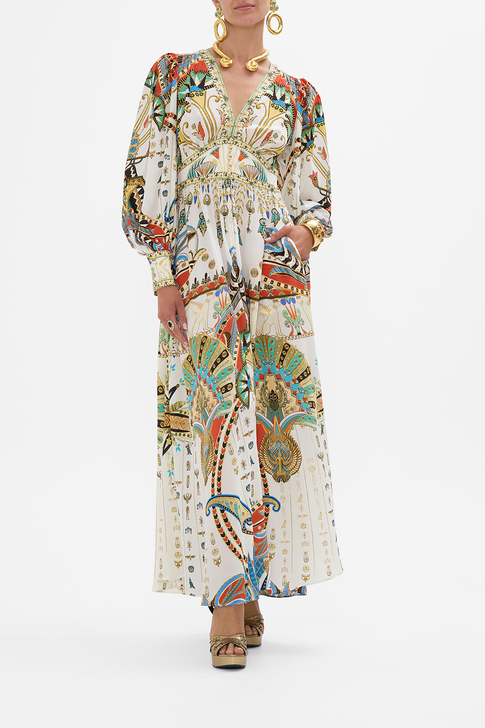 CAMILLA Shaped Waistband Dress With Gathered Sleeves in Valley Of The Queens print.