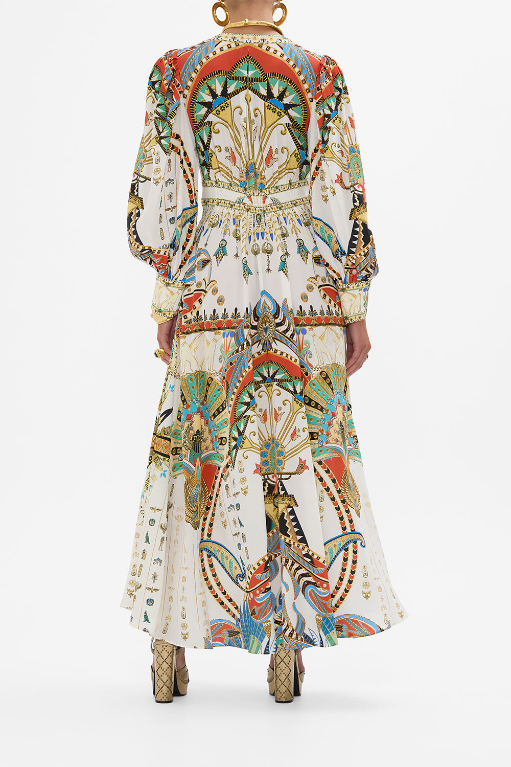 CAMILLA Shaped Waistband Dress With Gathered Sleeves in Valley Of The Queens print.