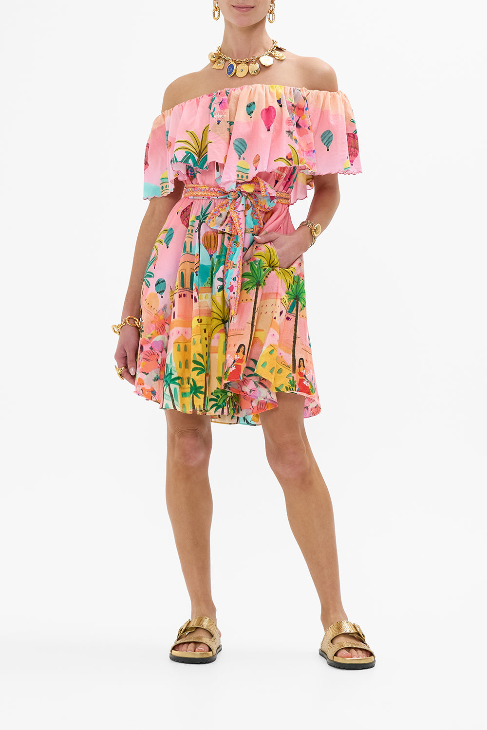 CAMILLA Shoulder Frill Short Dress in Sister Sunset print.