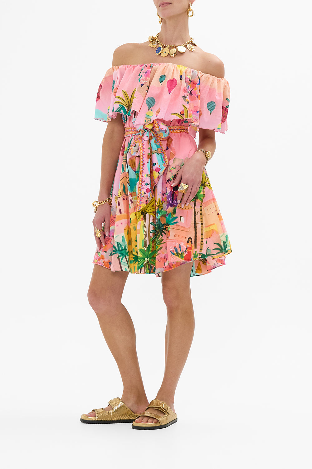 CAMILLA Shoulder Frill Short Dress in Sister Sunset print.