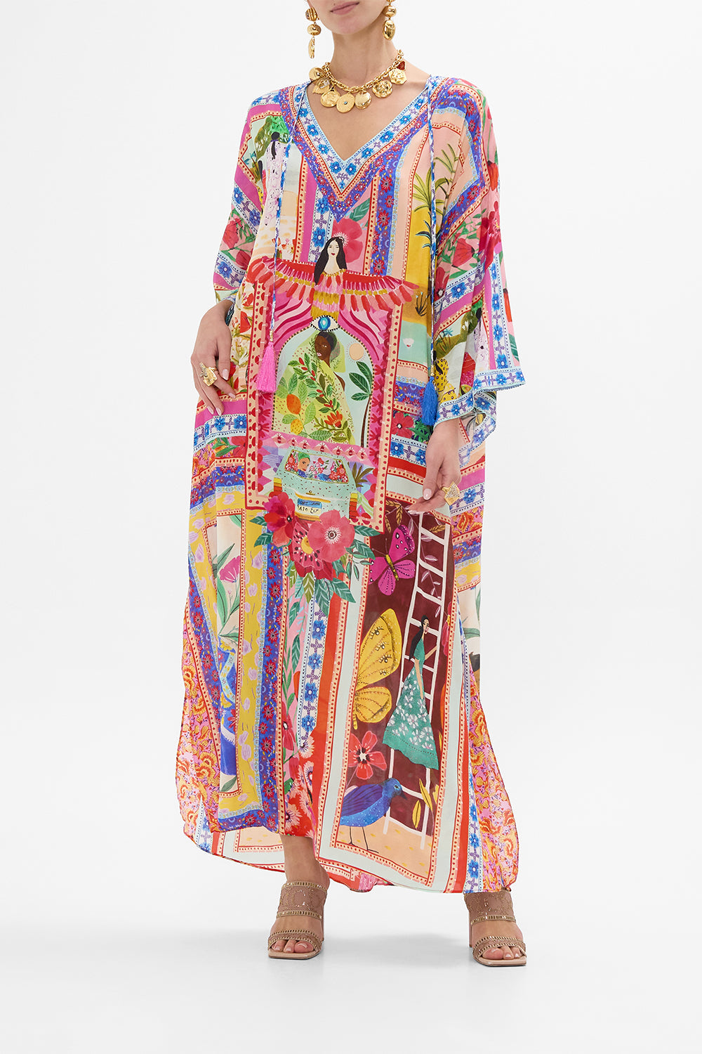 CAMILLA V Neck Kaftan With Ties in Roeqiyas Realm print.