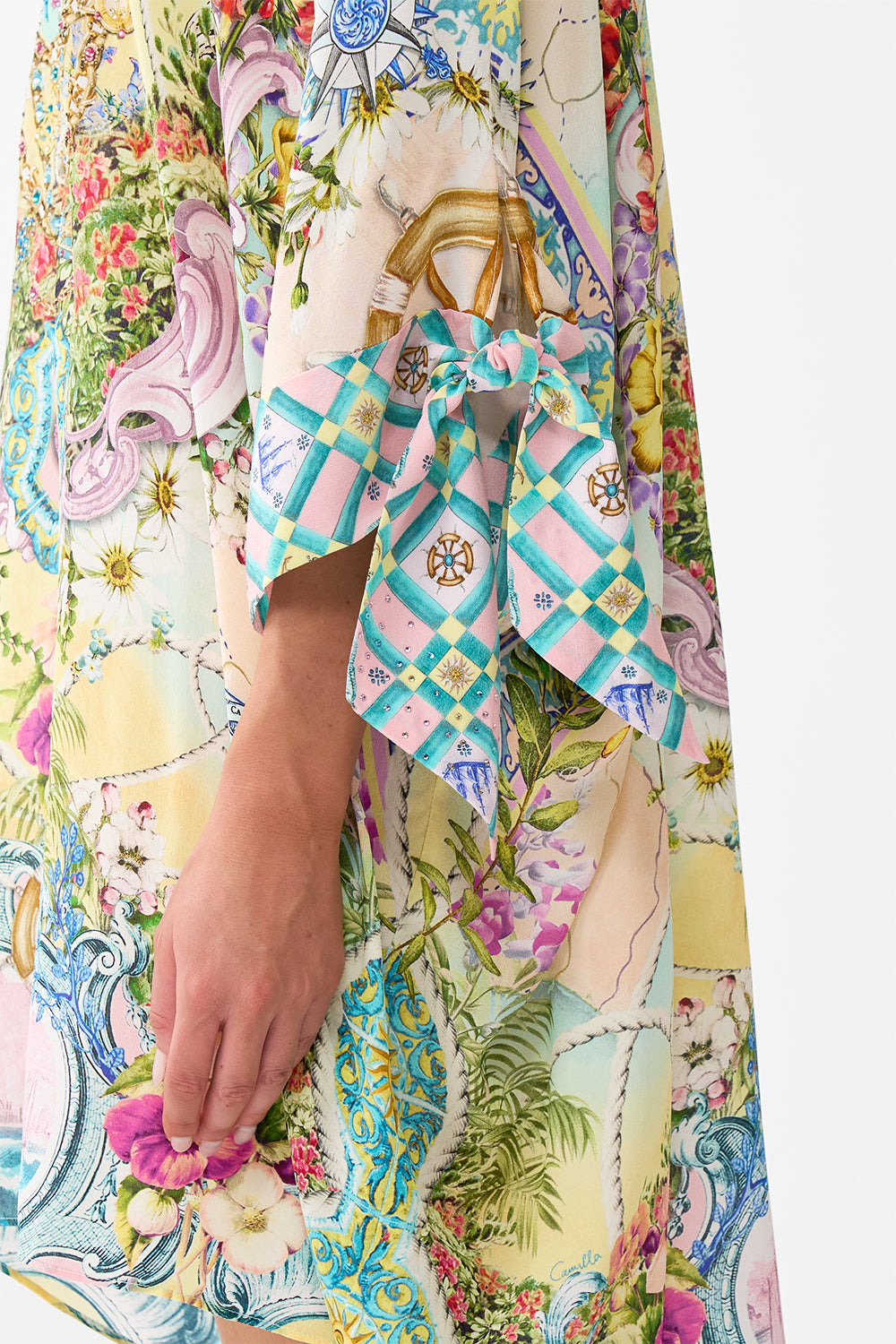 The CAMILLA Tie Sleeve Short V Neck Kaftan in our Just Coasting print.