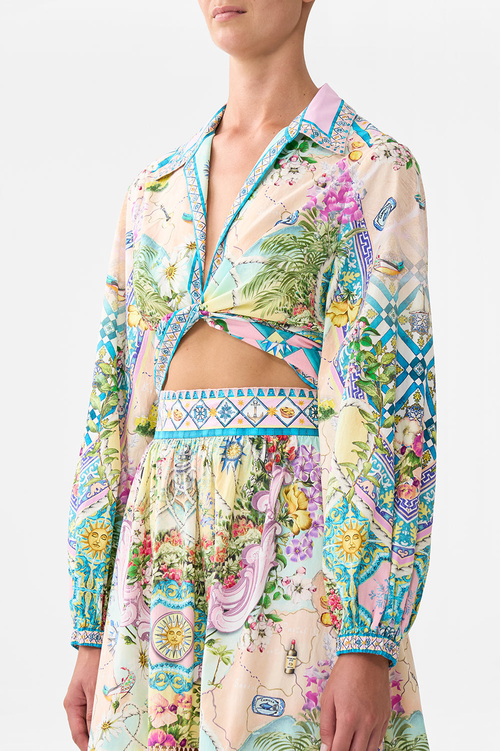 The CAMILLA Cropped Wrap Shirt in our Just Coasting print.