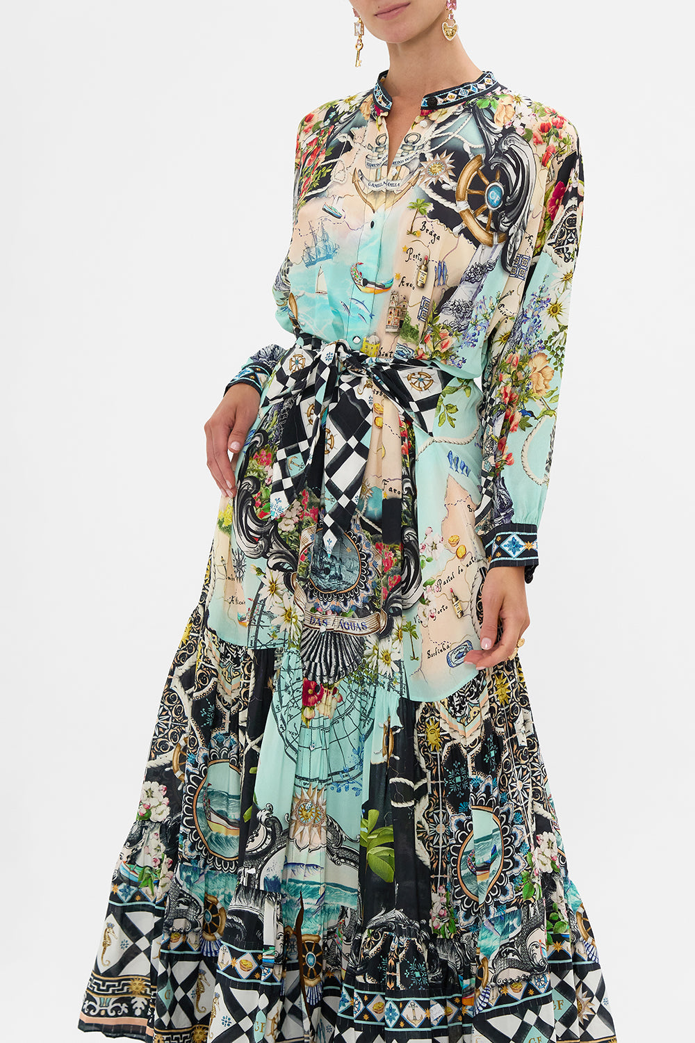 The CAMILLA Tiered Shirtdress With Wide Waist Tie in our Folk Afloat print.