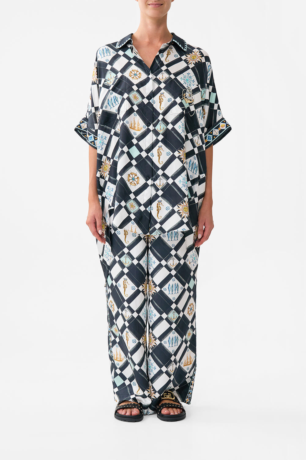 The CAMILLA Oversized Pocket Tunic in our Folk Afloat print.