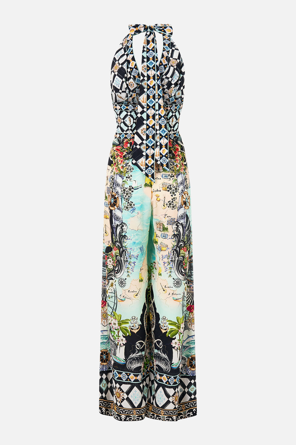 The CAMILLA Halterneck Jumpsuit With Tie Neck in our Folk Afloat print.