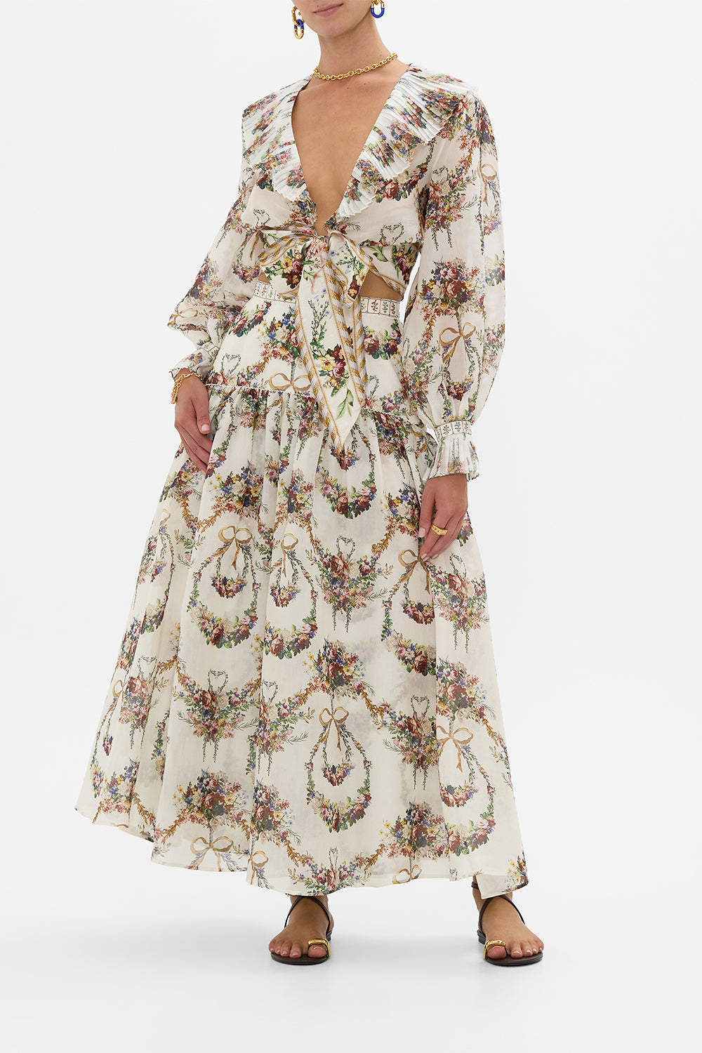 The CAMILLA Cropped Wrap Top With Pleated Detail in our Dressing Room Drama print.