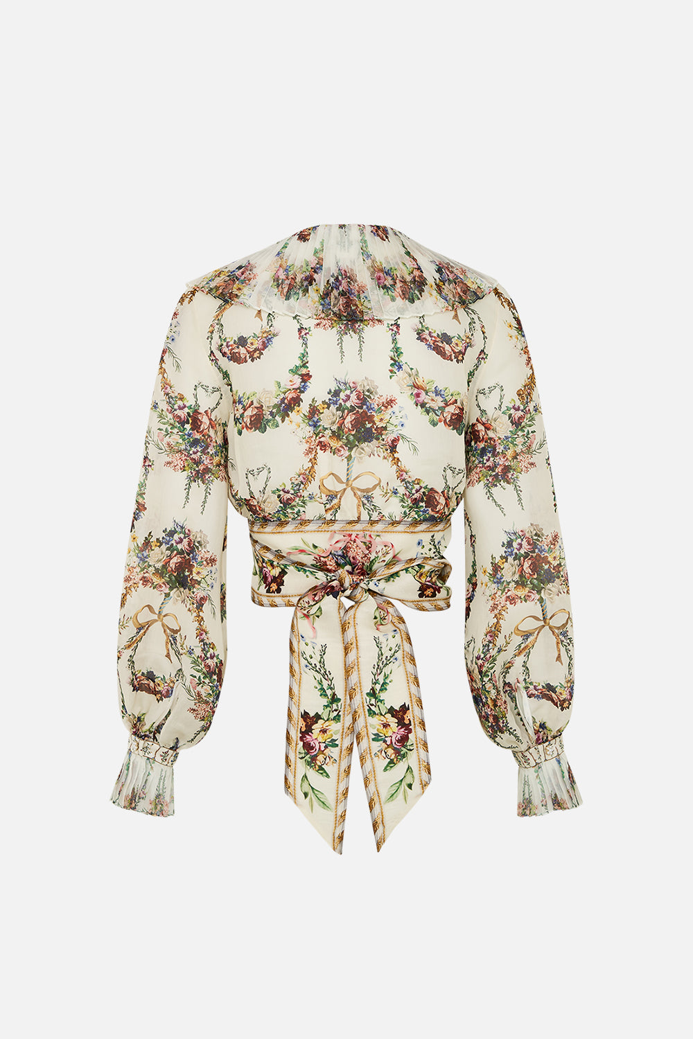 The CAMILLA Cropped Wrap Top With Pleated Detail in our Dressing Room Drama print.