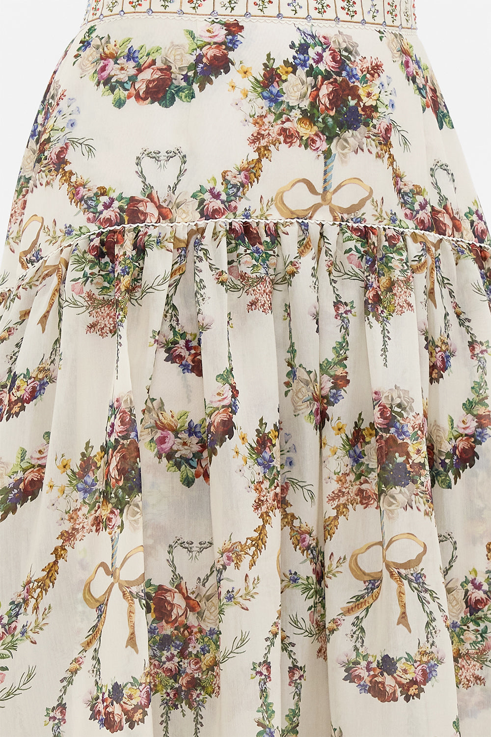 The CAMILLA Fitted Waist Gathered Skirt With Lining in our Dressing Room Drama print.