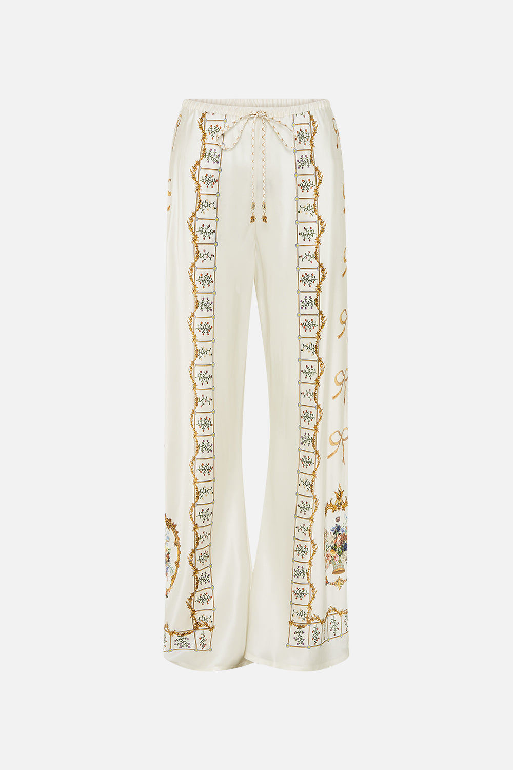 The CAMILLA Bias Cut Drawstring Pant in our Dressing Room Drama print.