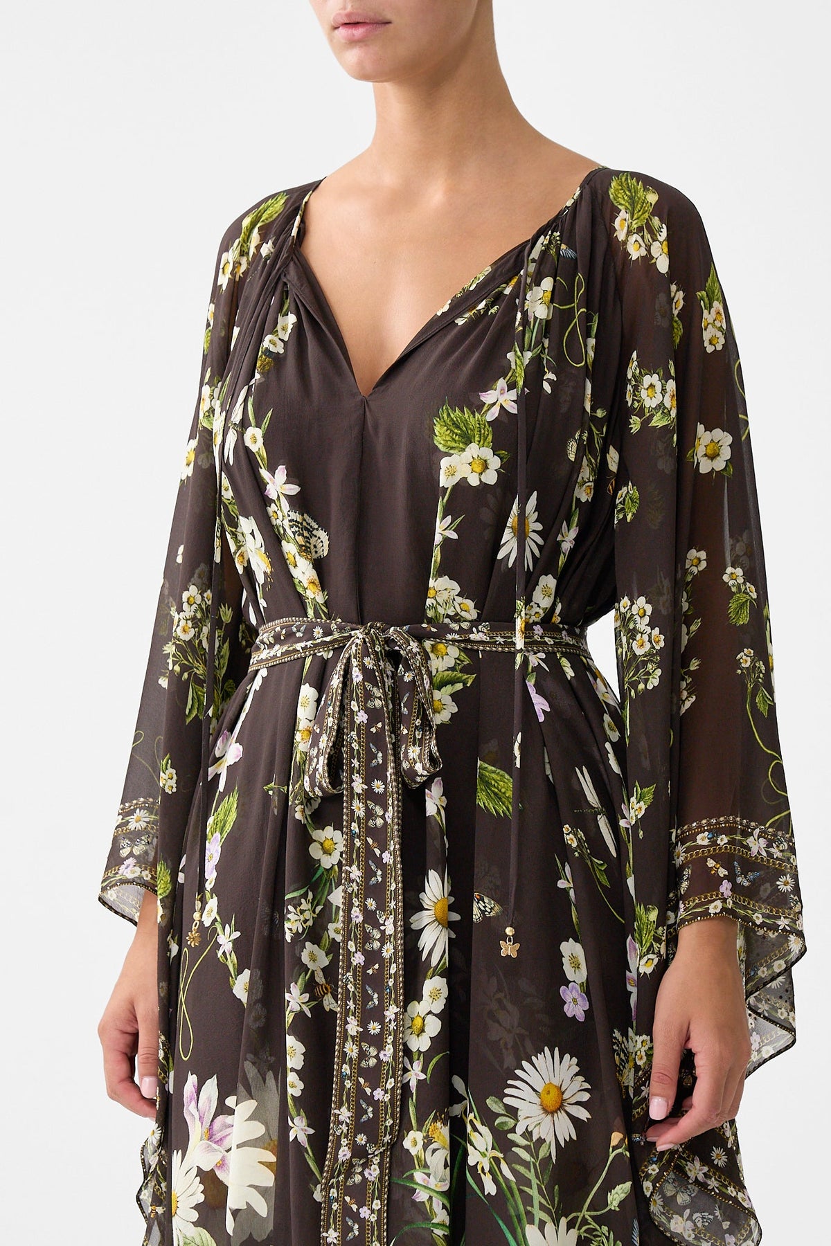 The CAMILLA Long Dress With Handkerchief Sleeve in our Dish It, Daisy print.