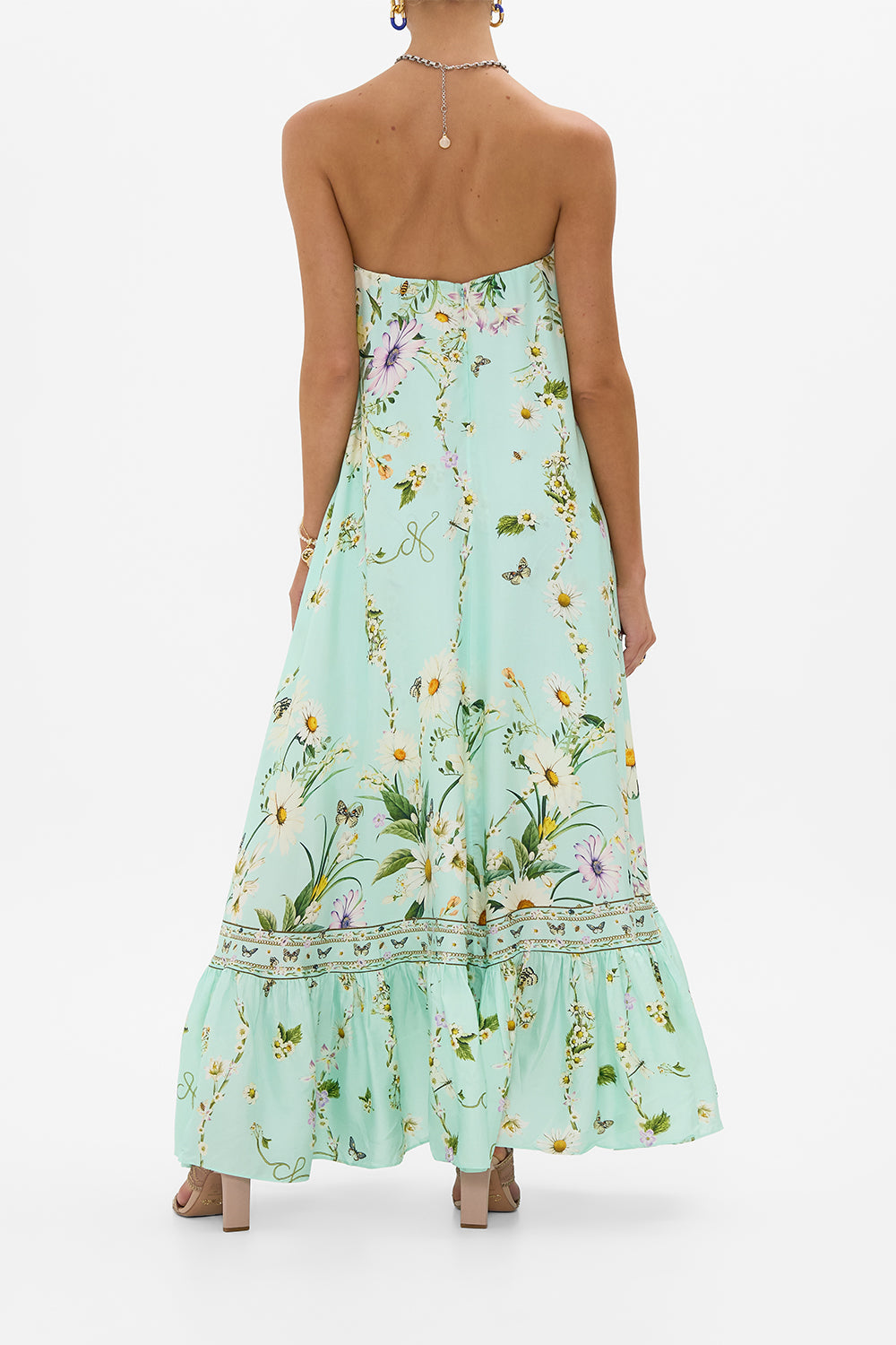 The CAMILLA Strapless Maxi With Ruffle Hem in our Floral Freefall print.
