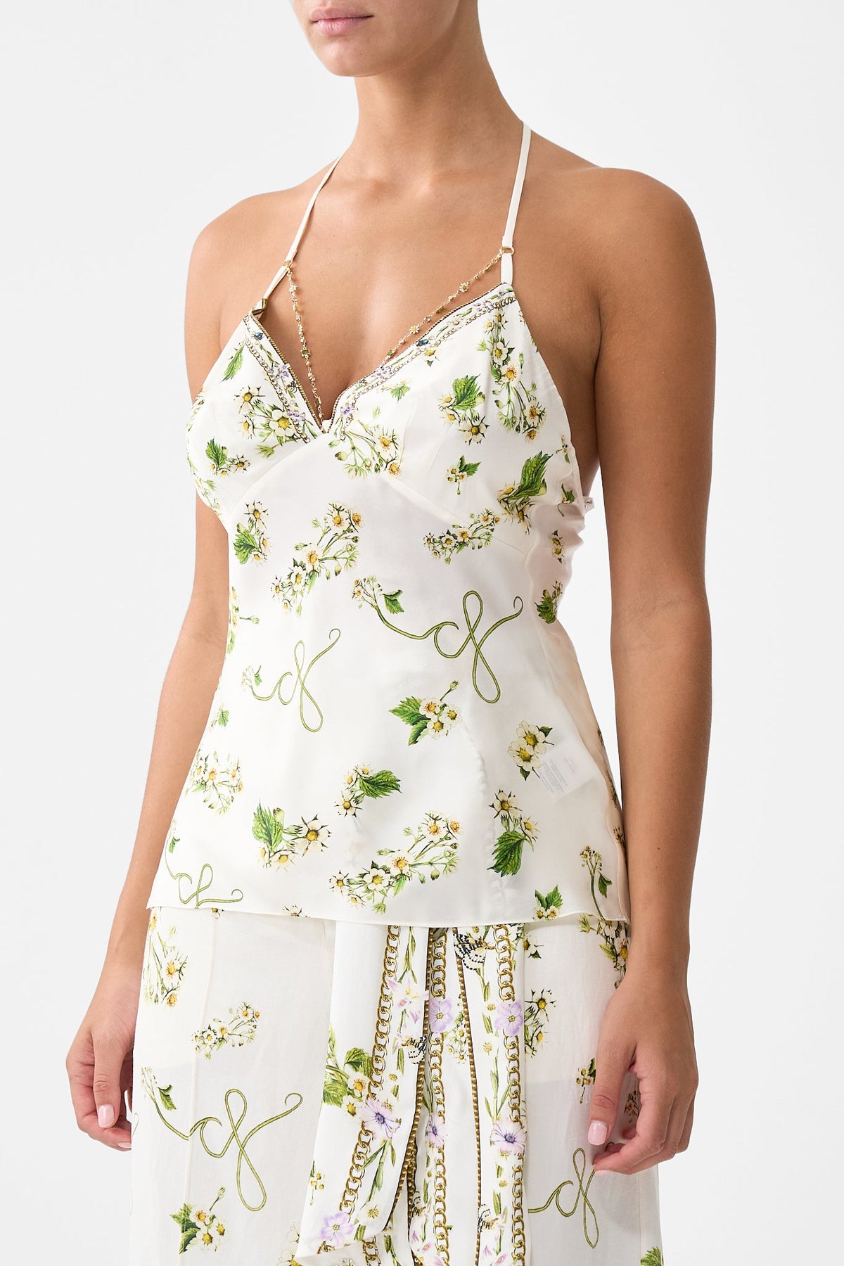 The CAMILLA Chain Detail Bias Cami in our Botanical Utopia print.