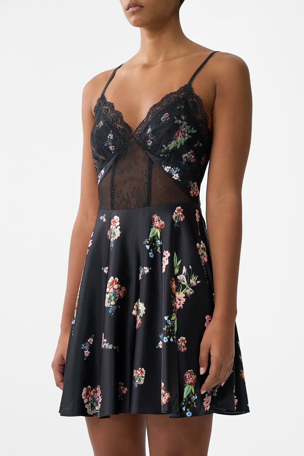 The CAMILLA Spliced Lace Mini Dress in our Noble Endeavours print.