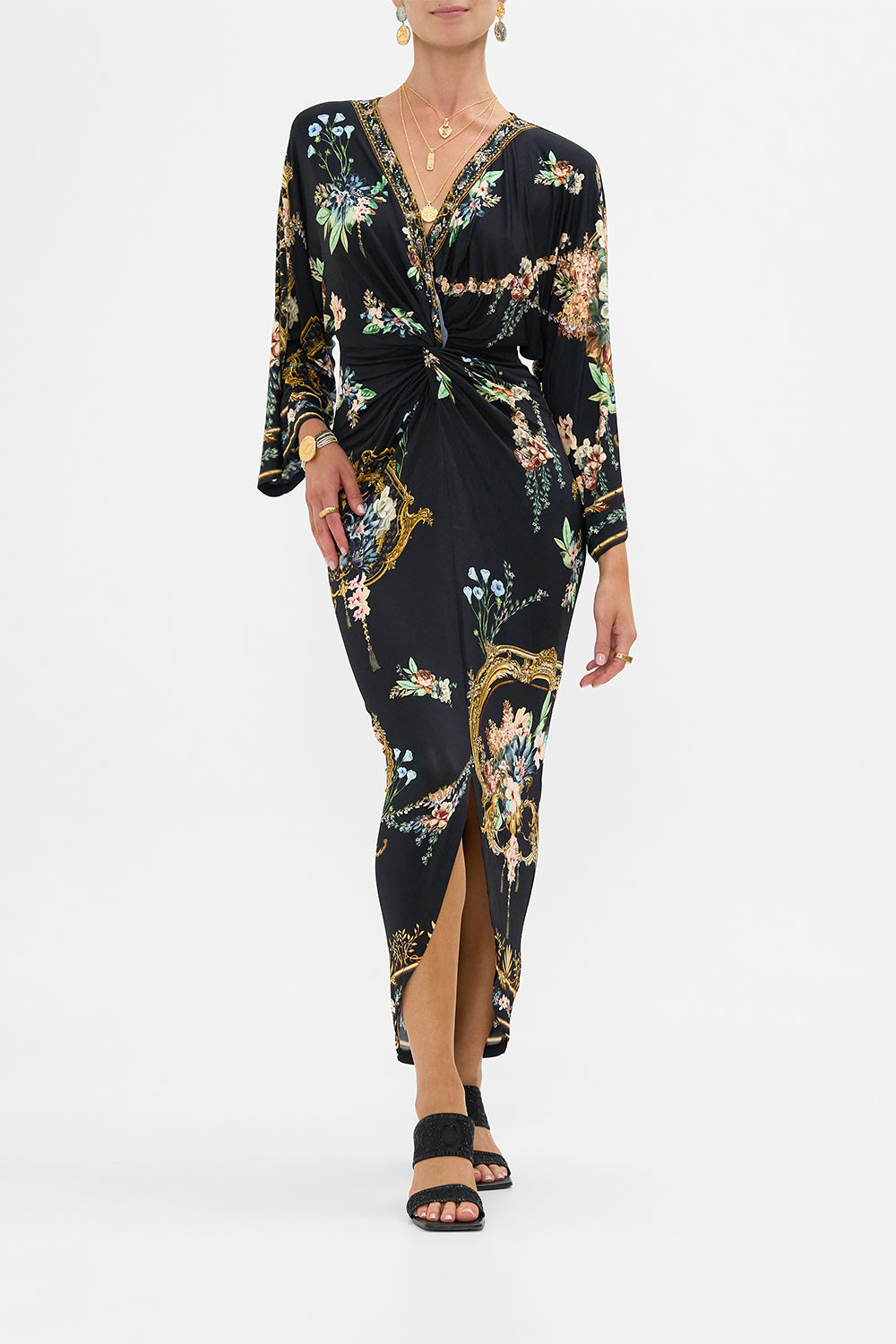 The CAMILLA Long Split Front Twist Dress in our Noble Endeavours print.