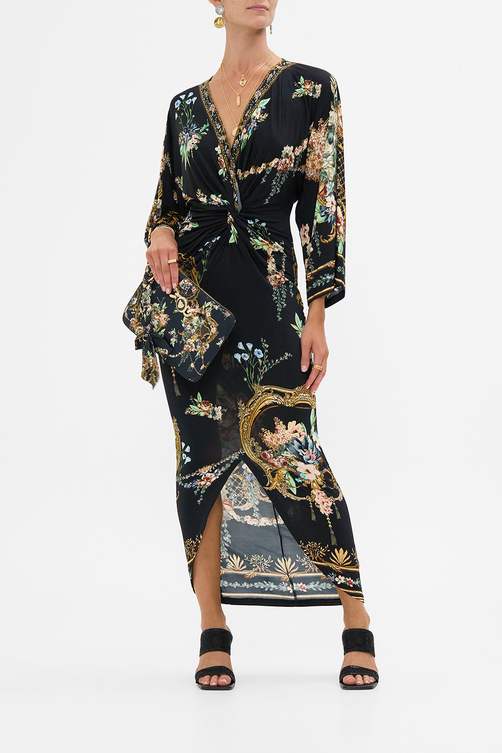 The CAMILLA Long Split Front Twist Dress in our Noble Endeavours print.