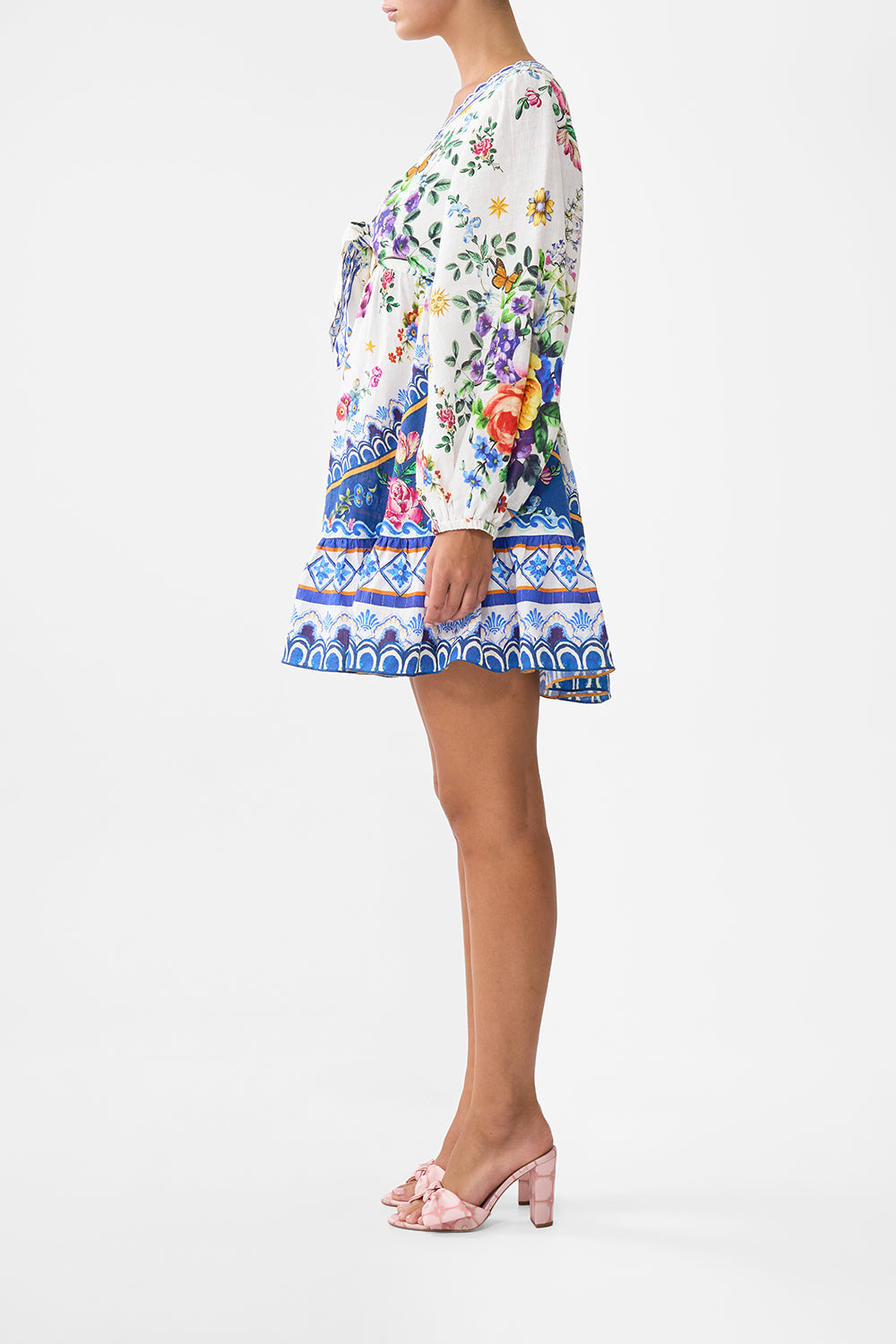 The CAMILLA Short Tie Front Blouson Dress in our Tiles Darls print.