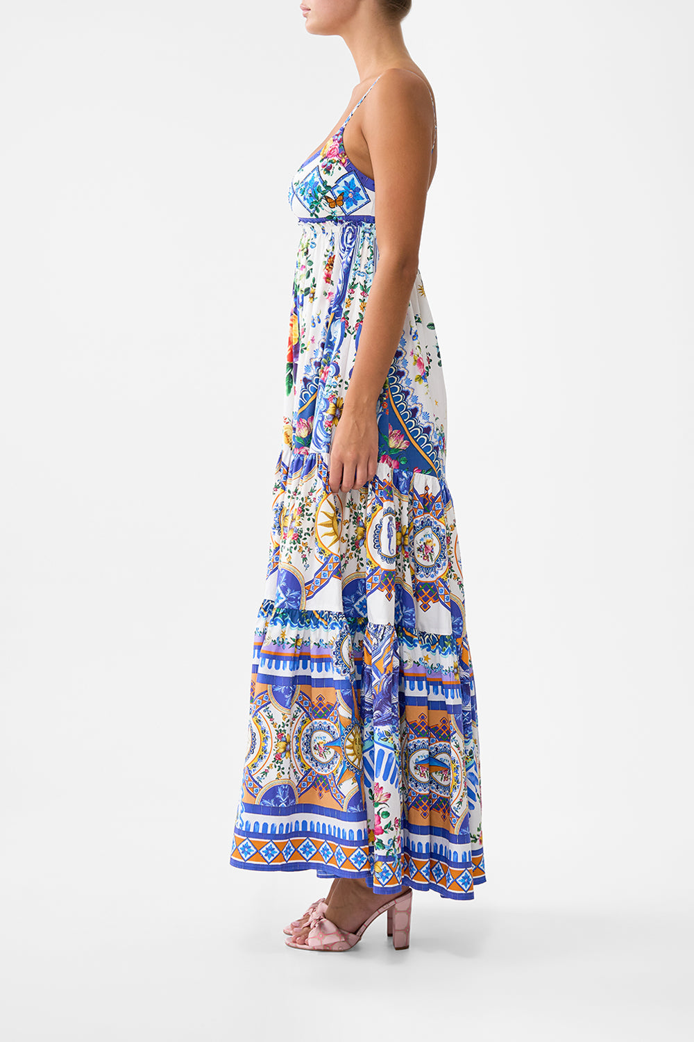 The CAMILLA Long Dress With Jersey Bodice in our Tiles Darls print.