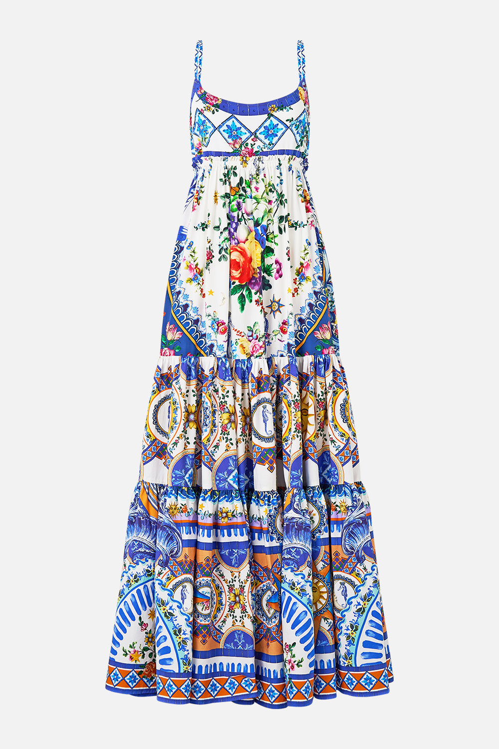 The CAMILLA Long Dress With Jersey Bodice in our Tiles Darls print.