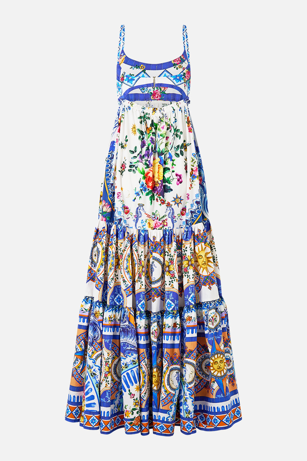The CAMILLA Long Dress With Jersey Bodice in our Tiles Darls print.