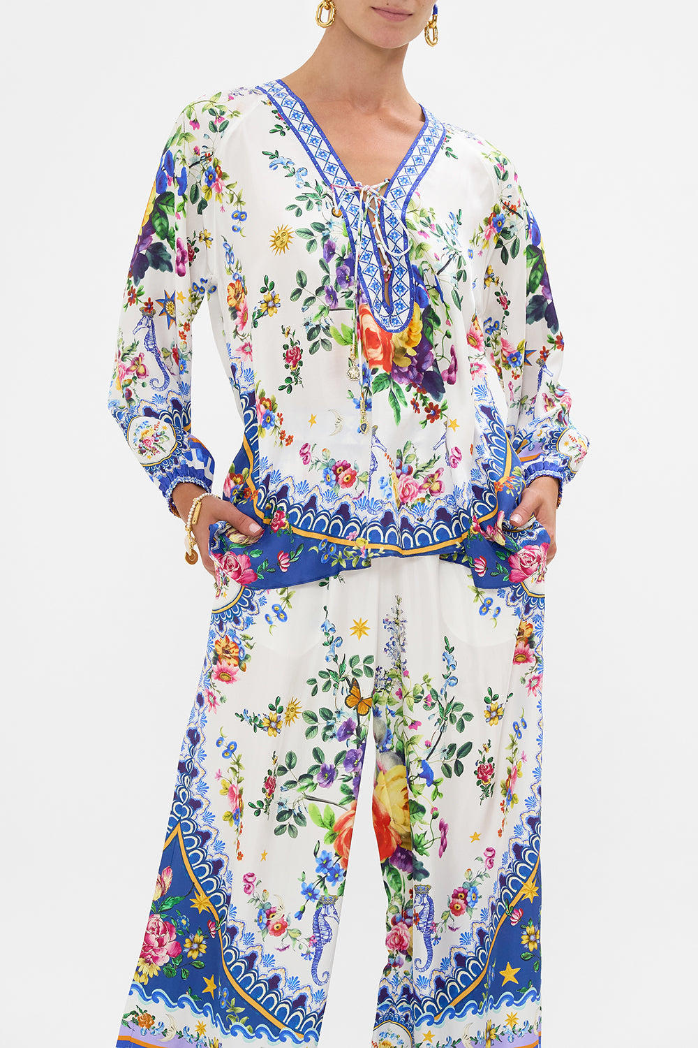 The CAMILLA Lace Up Blouse in our Tiles Darls print.