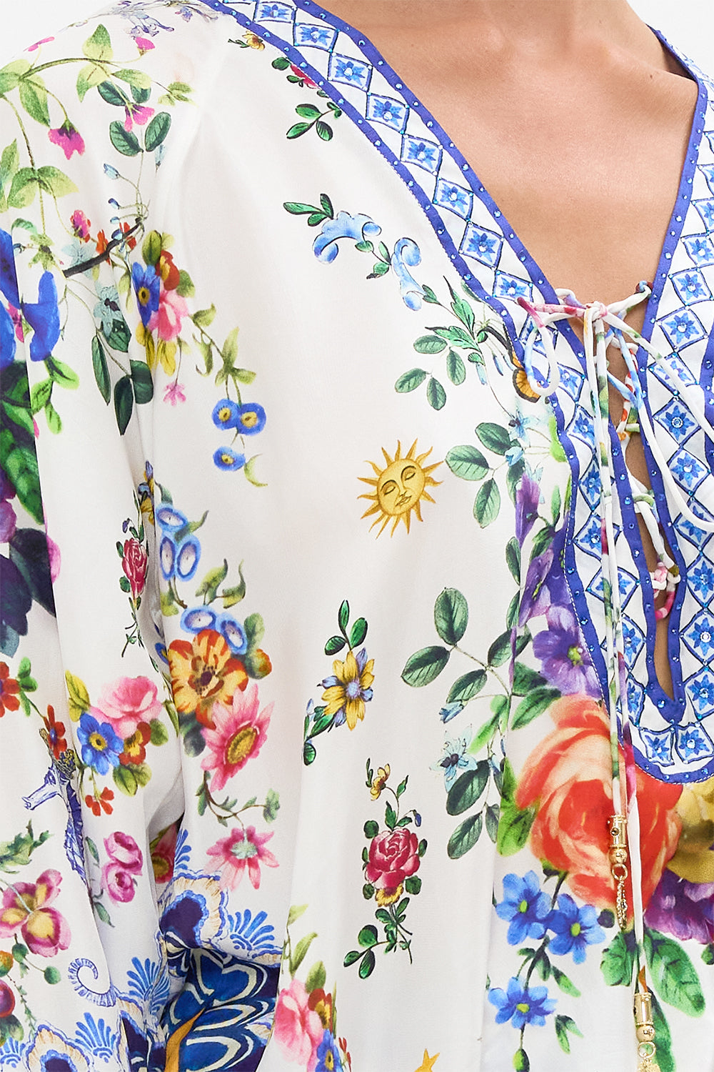 The CAMILLA Lace Up Blouse in our Tiles Darls print.