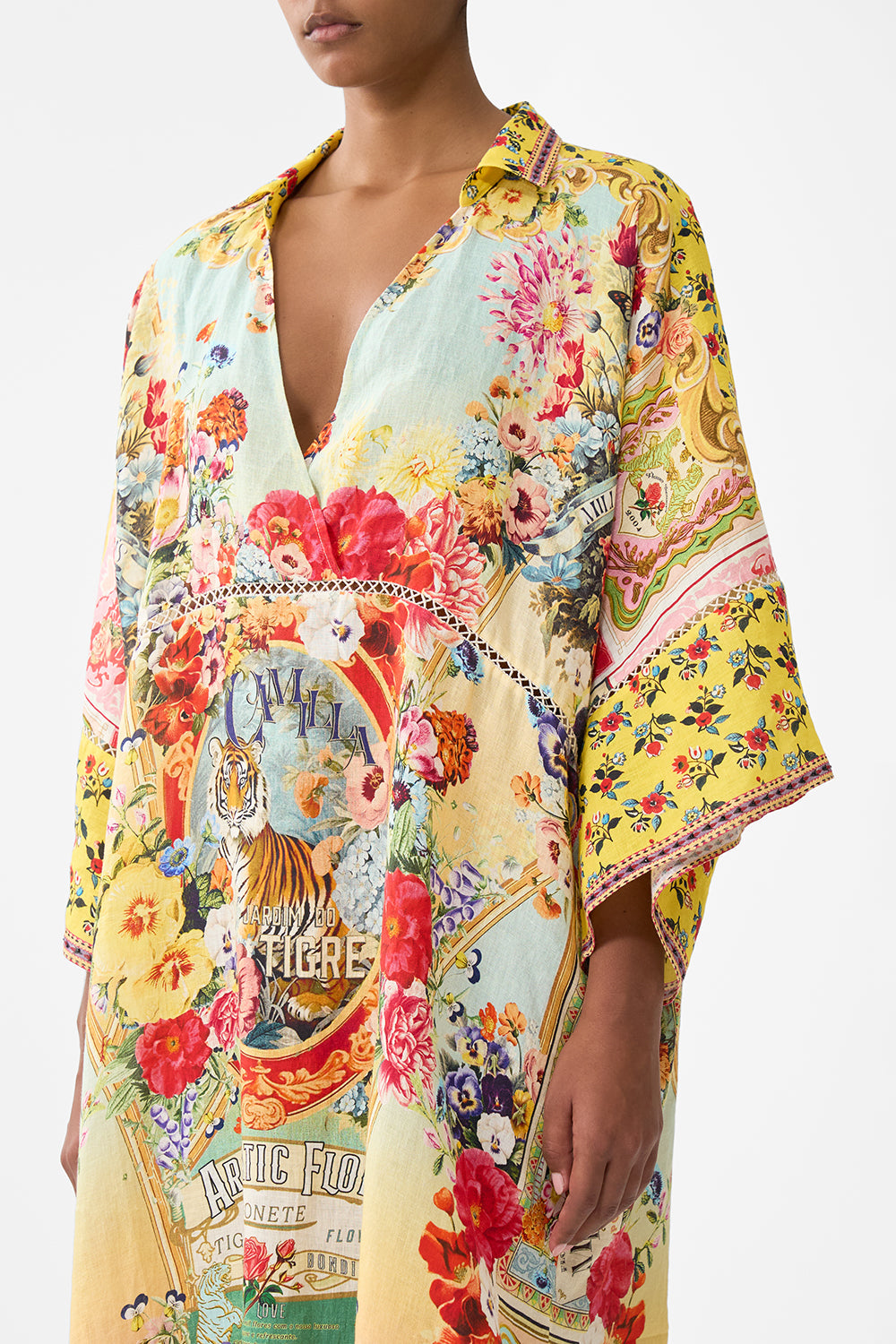 The CAMILLA Deep V Neck Kaftan With Curved Seam in our Aromatic Tiger Flower print.