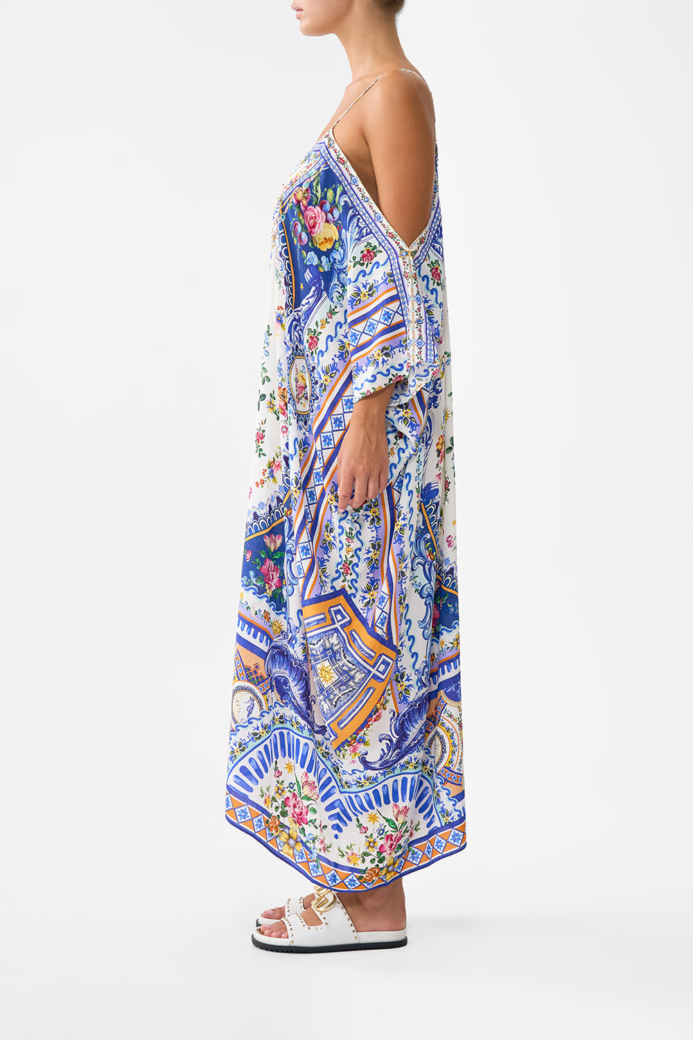 The CAMILLA Drop Shoulder Strap Kaftan in our Tiles Darls print.