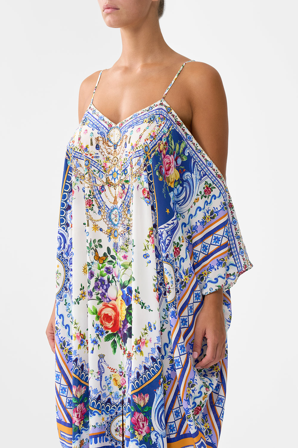 The CAMILLA Drop Shoulder Strap Kaftan in our Tiles Darls print.