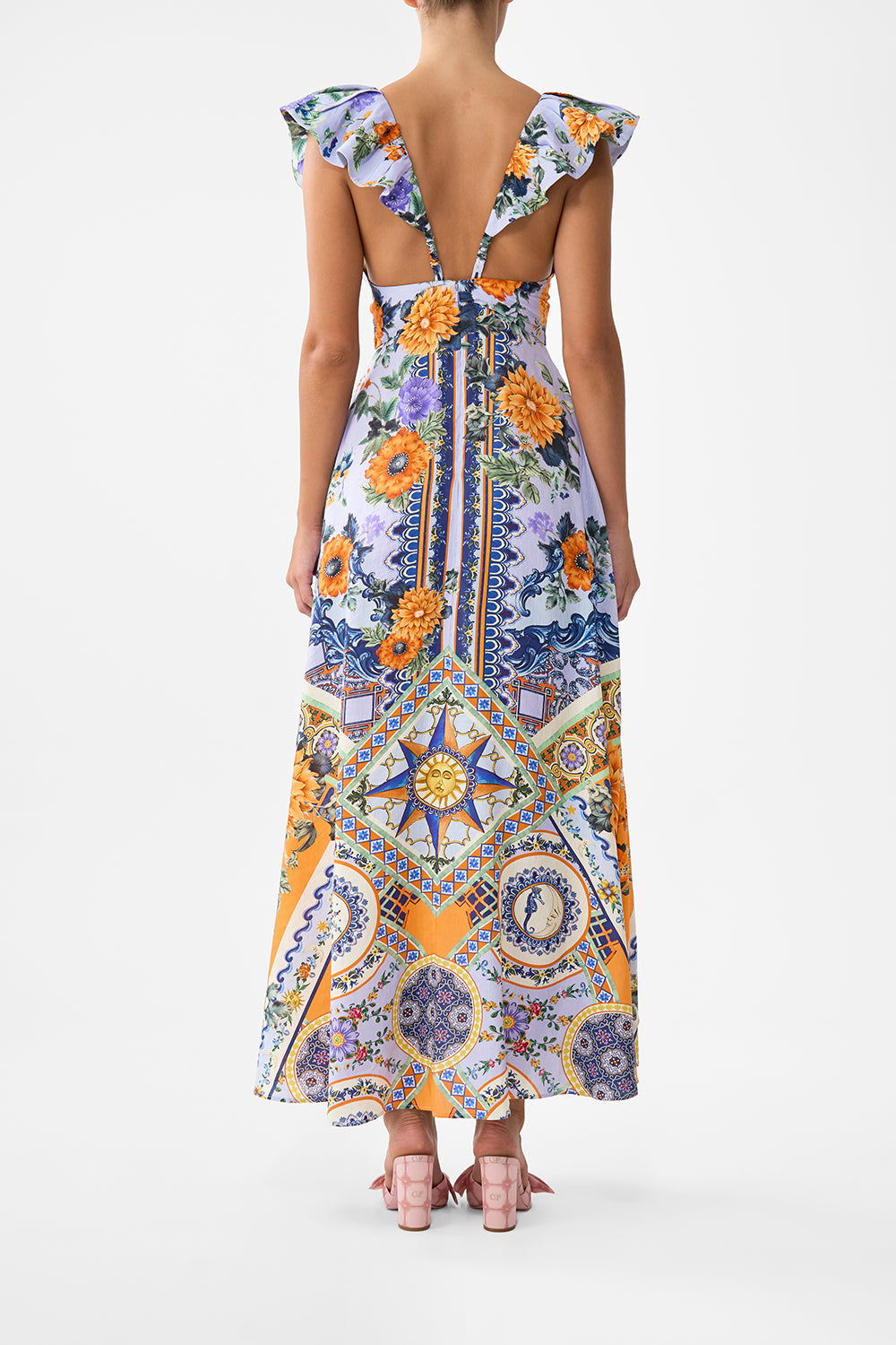 The CAMILLA Tie Front Frill Sleeve Long Dress in our Luscious In Lisbon print.
