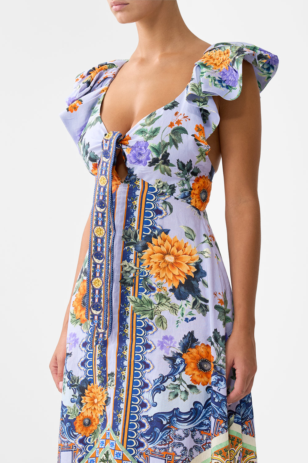 The CAMILLA Tie Front Frill Sleeve Long Dress in our Luscious In Lisbon print.