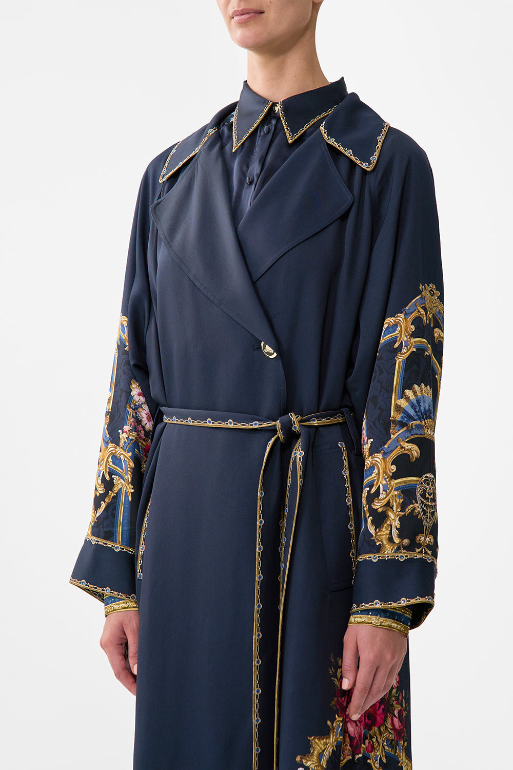 The CAMILLA Pleated Back Trench in our Ornate On A Plate print.