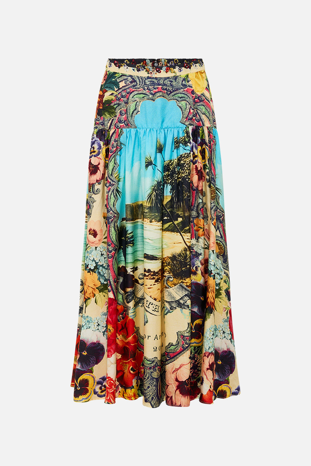 The CAMILLA Fitted Waist Gathered Skirt in our Bathing Bombshell print.