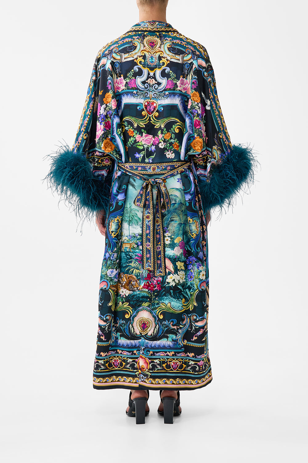 The CAMILLA Long Robe With Narrow Collar And Feathers in our Basked In Baroque print.