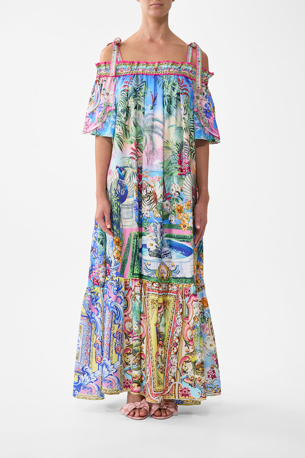 CAMILLA | Long Off Shoulder Frill Dress with Straps Spirit OF Santa Maria, M/L BLUE-GREEN | Spirit OF Santa MARIA