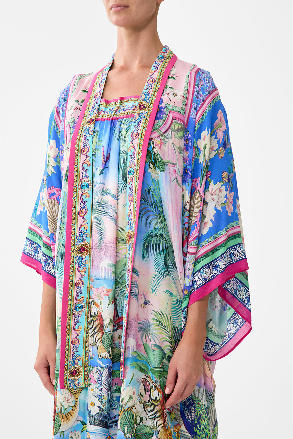 The CAMILLA Kimono Layer With Collar in our Spirit Of Santa Maria print.