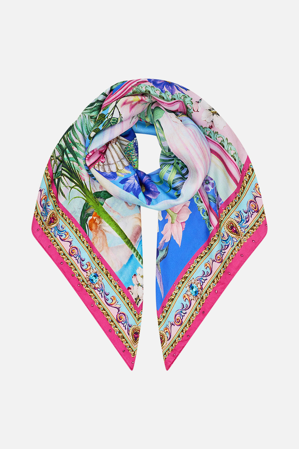 The CAMILLA Large Crystalled Silk Square Scarf in our Spirit Of Santa Maria print.
