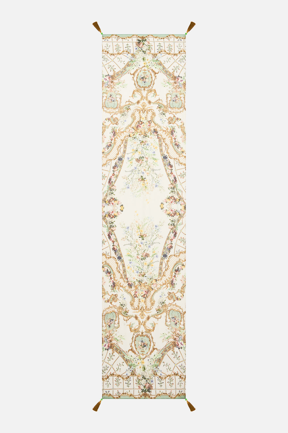 The CAMILLA Long Silk Crinkle Chiffon Scarf in our Dressing Room Drama print.